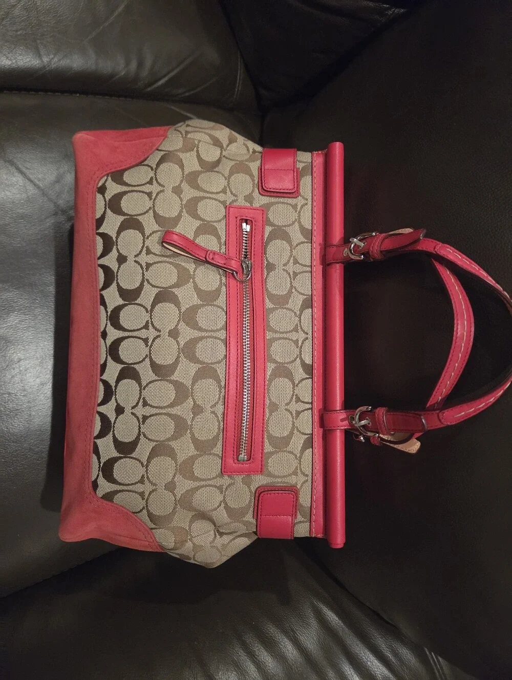 Coach Brown Signature Satchel with Pink Trim